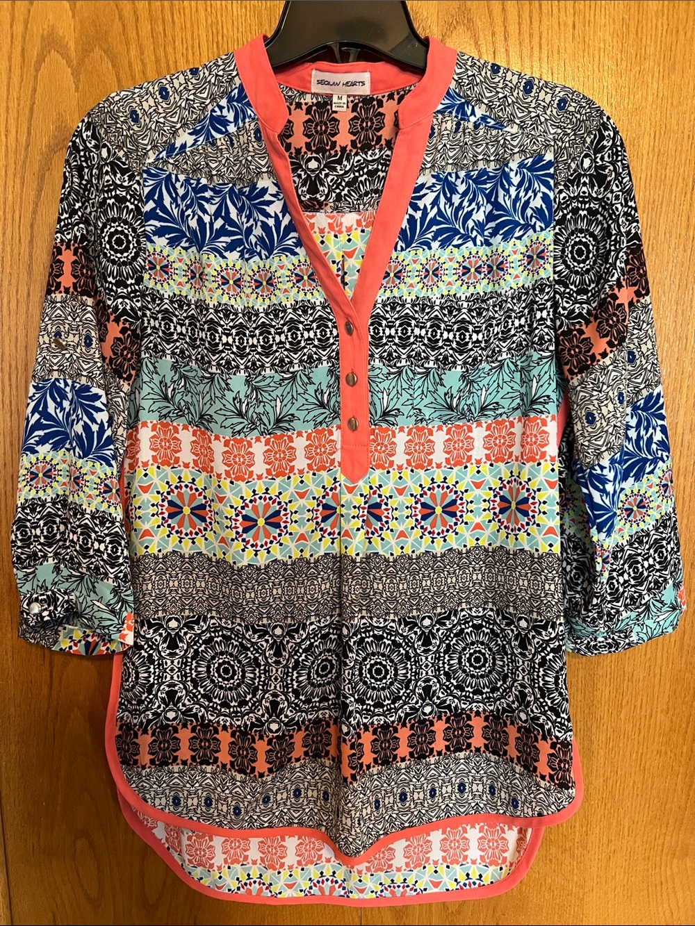 Sequin Hearts Coral-Trim Multi-Color Printed Tunic